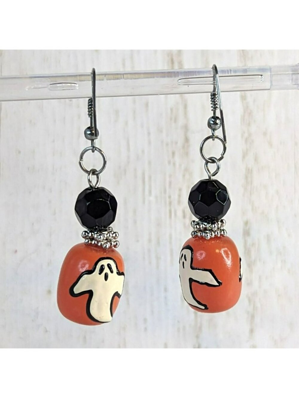 Halloween Ghost Dangle Earrings Orange Black Painted Glass Beads Spooky
